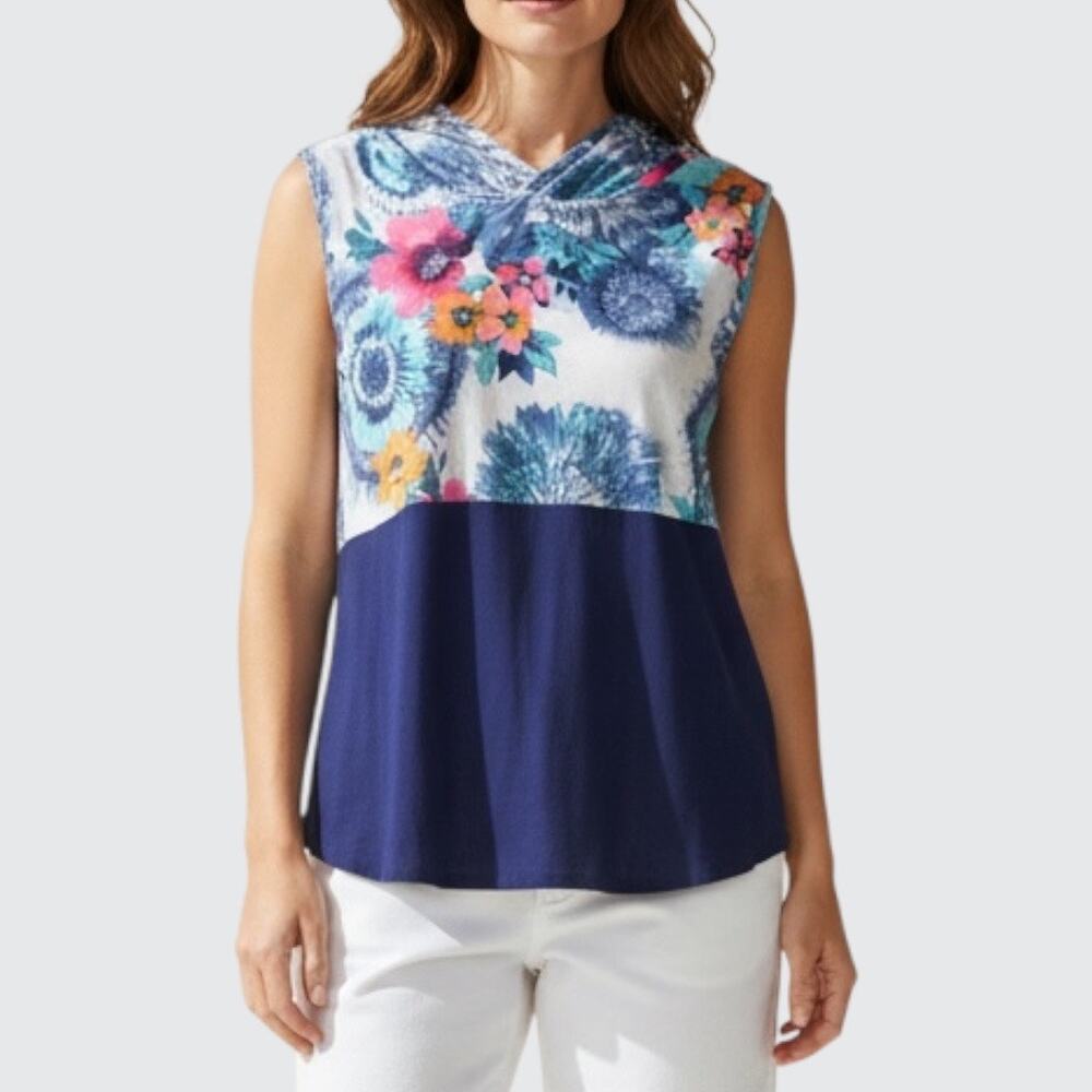 Glitzy Girlz Plus Size 2XL Pink Navy Blue Floral Print Tank Hoodie Sleeveless